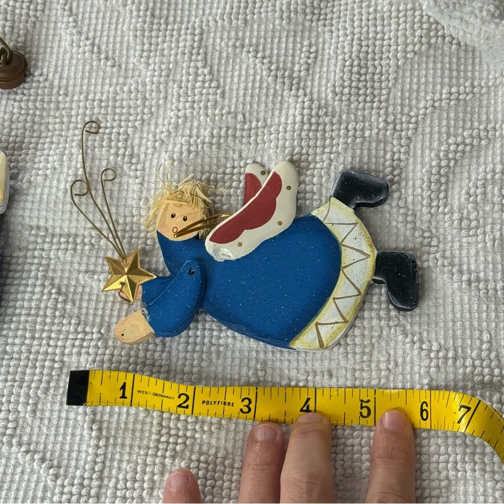 Vintage Primitive Wood Christmas Ornaments Set Angel Flying Blue Mitten‎ Heart
